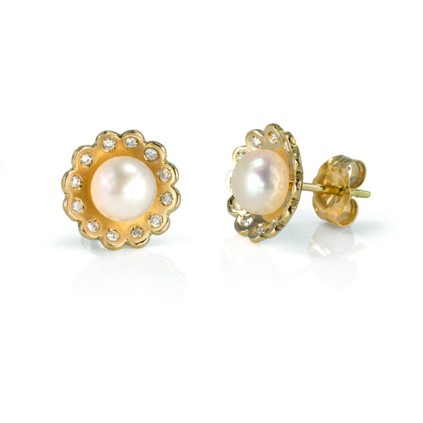 Gold, Diamond and Pearl Lace Flower Stud Earrings