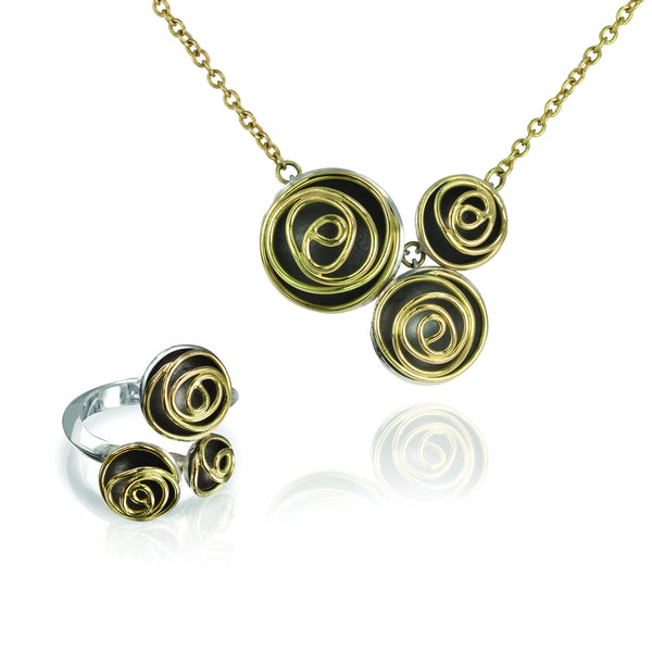 Rose Cluster Necklace and Ring (black and gold)