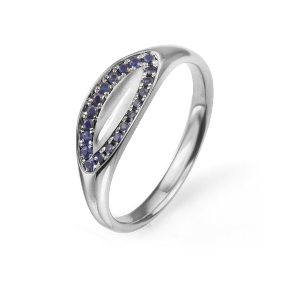 14K white gold ring with pave set blue sapphires