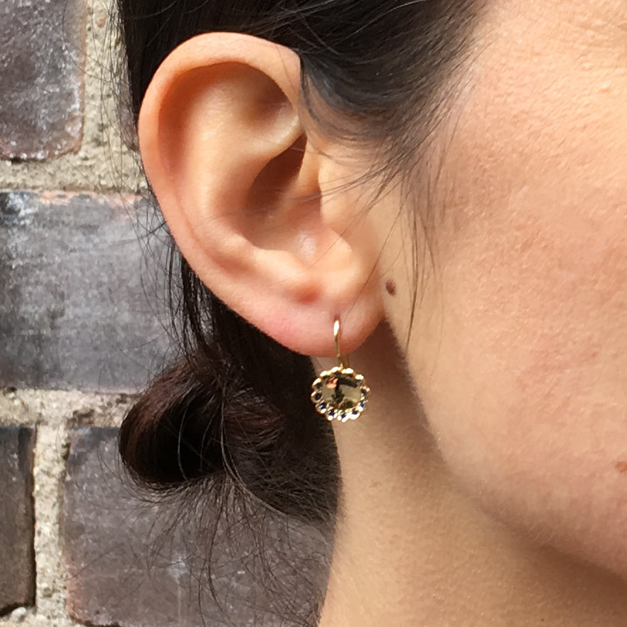 Gold and Blue Sapphire Lace Flower Earrings