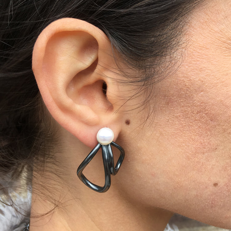 Petal and Pearl Oxidized Silver Earrings