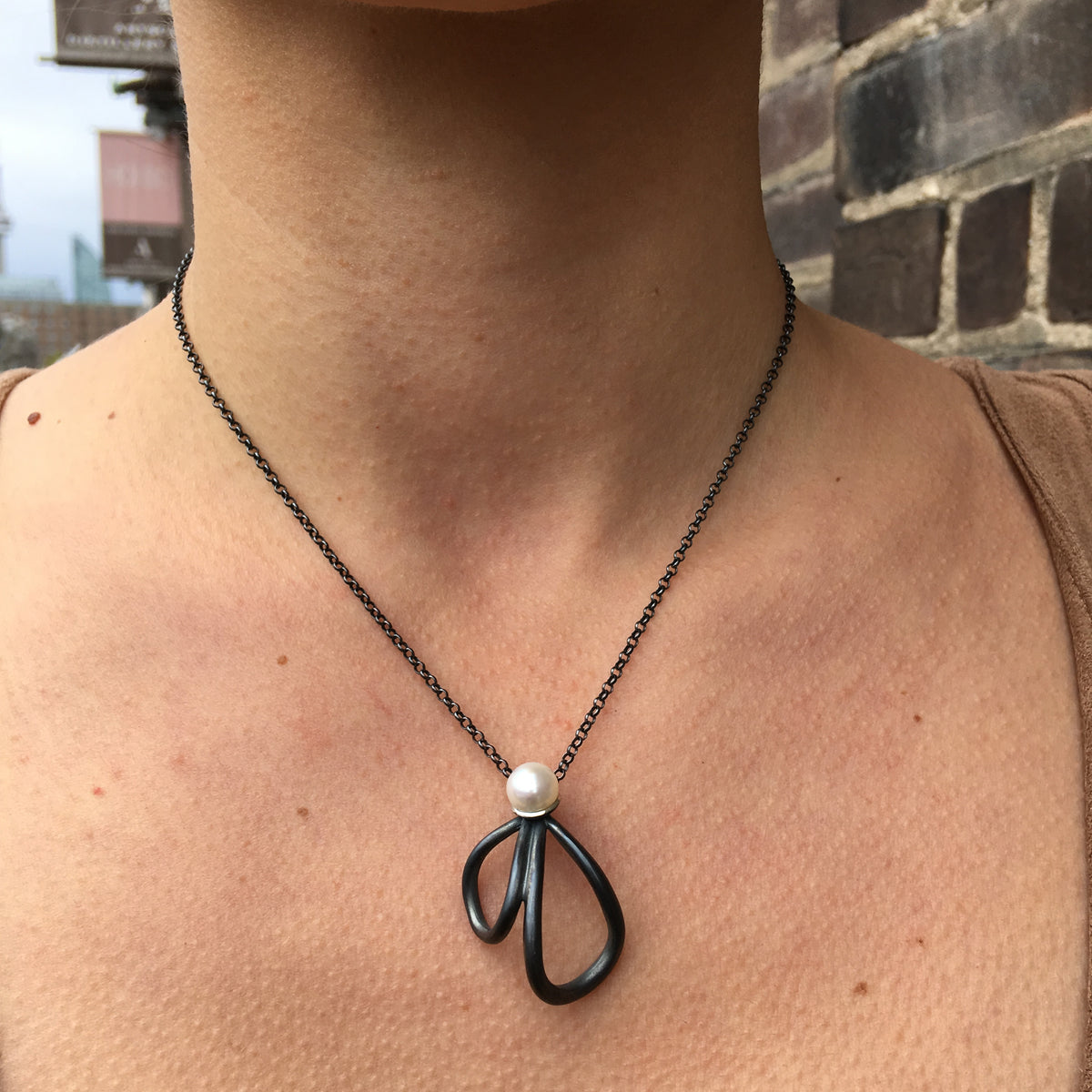 Petal and Pearl Oxidized Silver Necklace