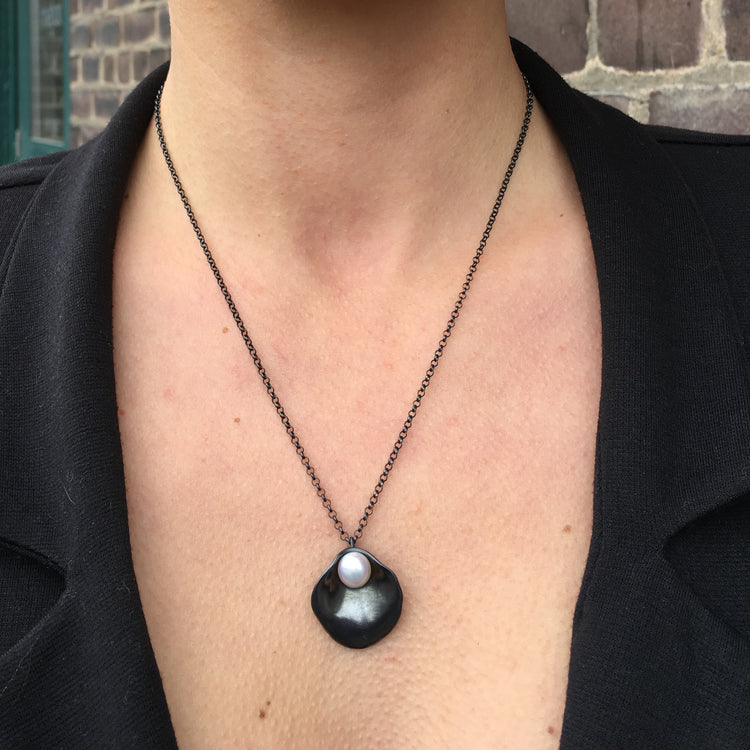 Oxidized Silver Oyster Necklace with Pearl