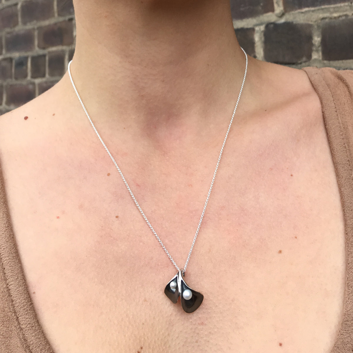 Calla Lily Necklace in oxidized silver and pearls