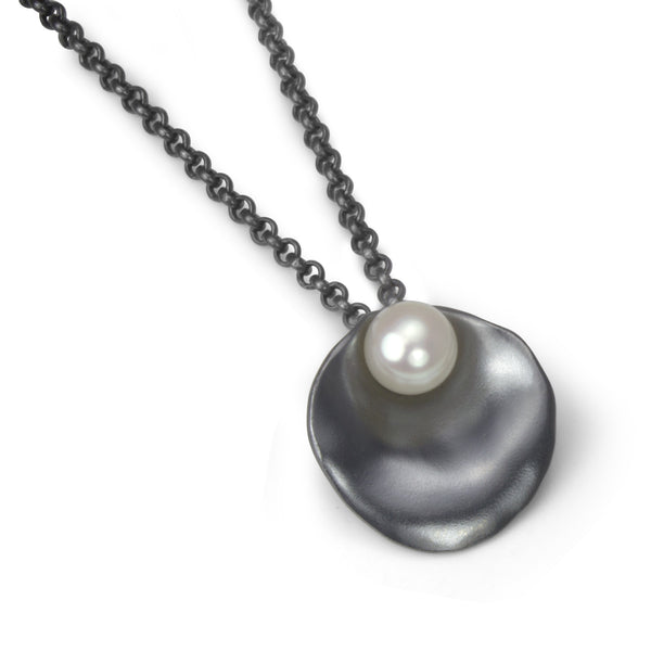 Oxidized Silver Oyster Necklace with Pearl