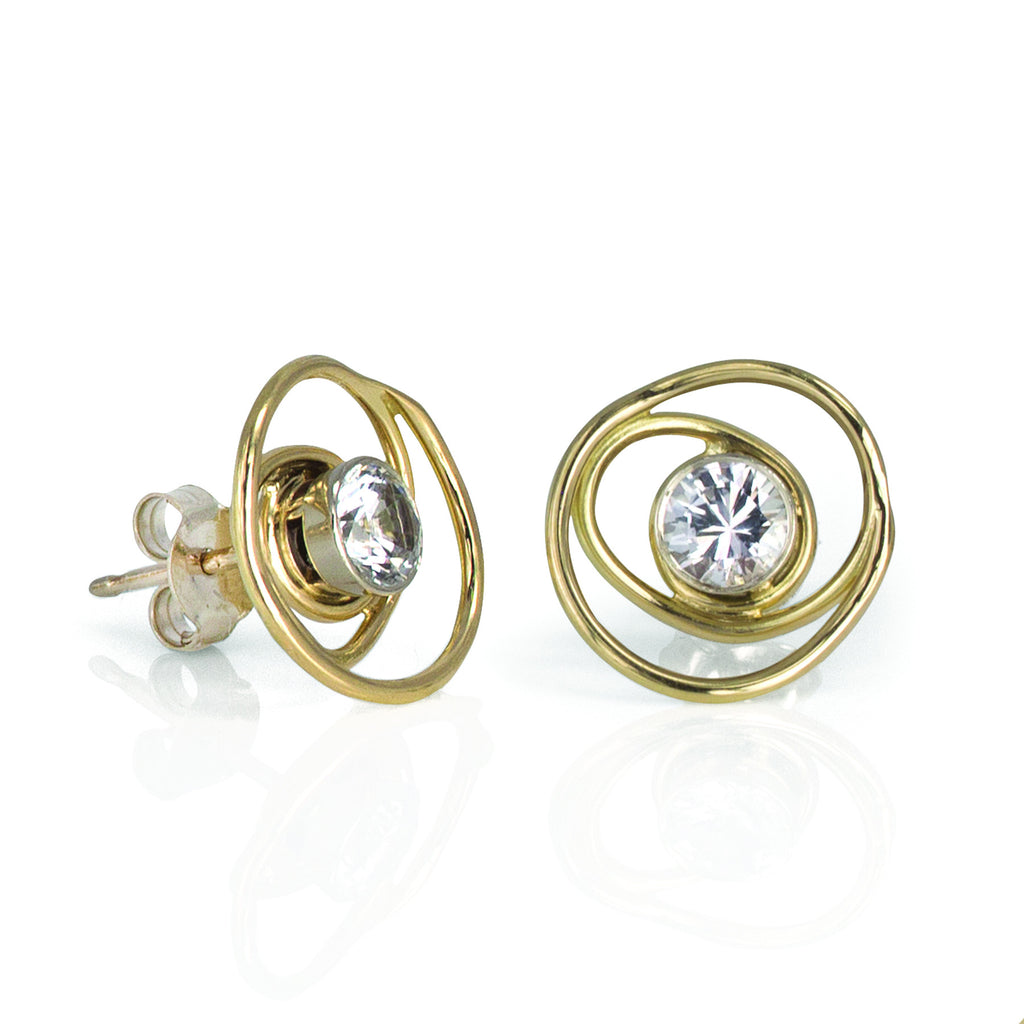 Open Gold and White Sapphire Rose Bud Earring Studs