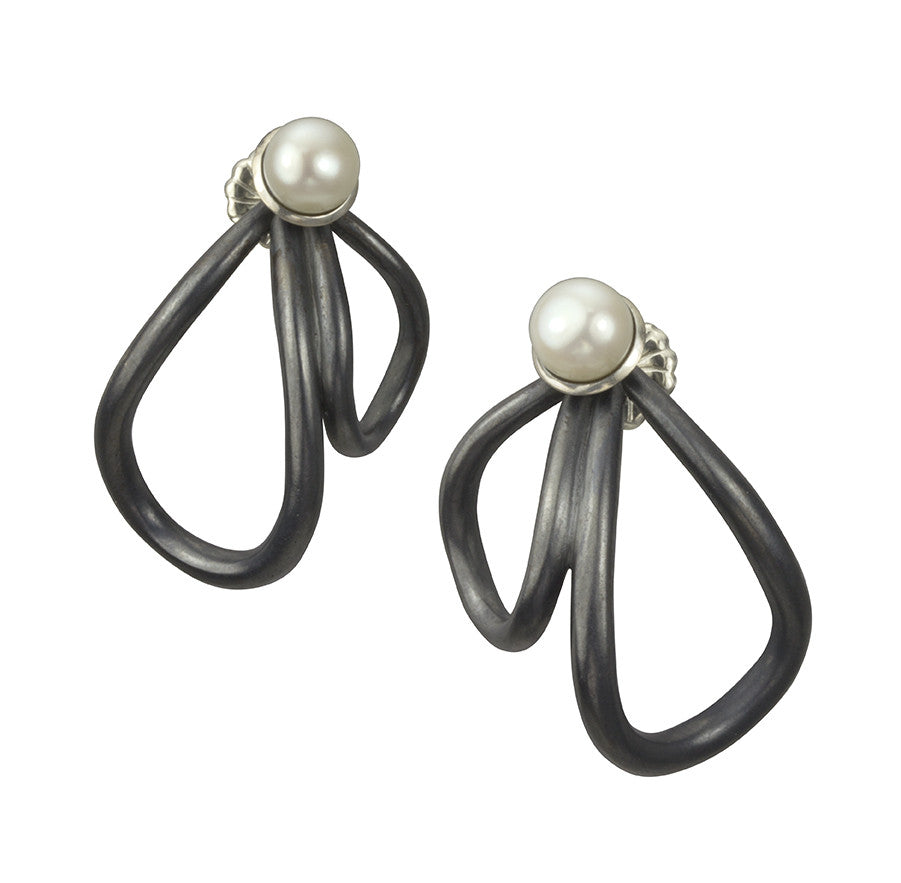 Petal and Pearl Oxidized Silver Earrings
