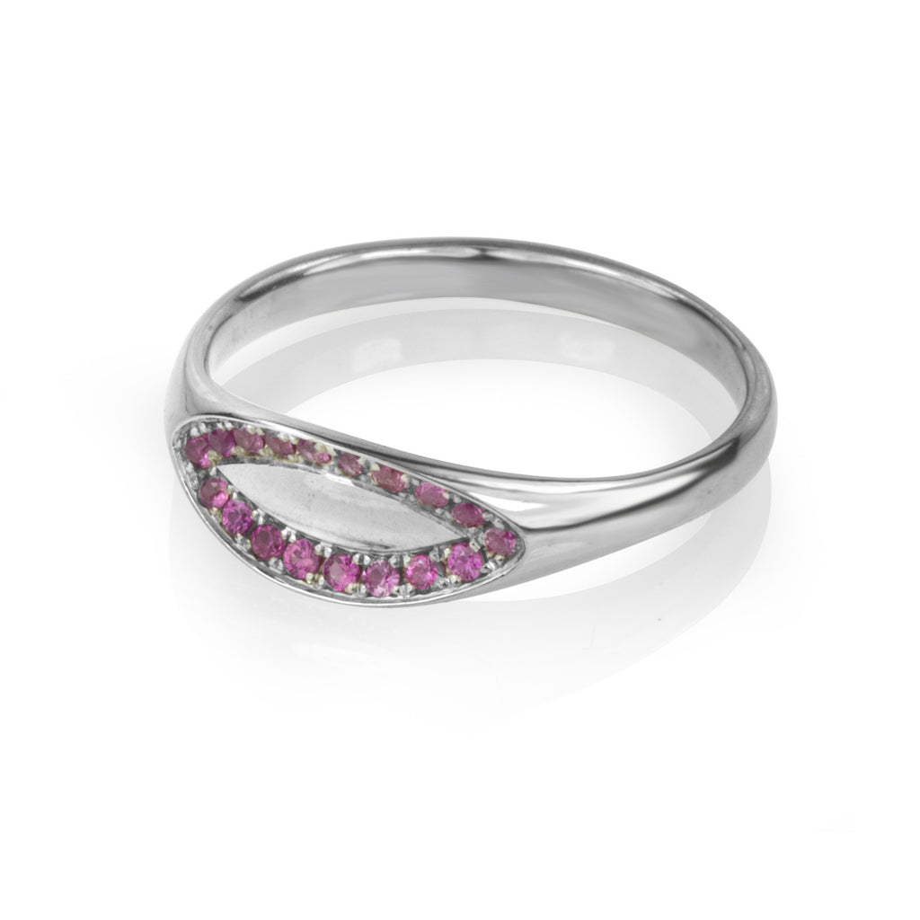 14K white gold ring with pave set pink sapphires