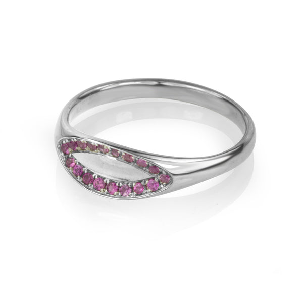 14K white gold ring with pave set pink sapphires
