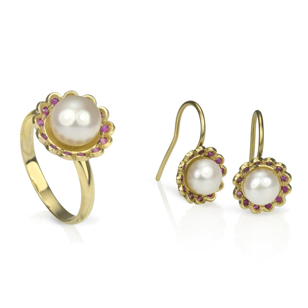 Gold, Pink Sapphire and Pearl Lace Flower Ring and Earrings